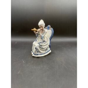 Vintage Blue and White Porcelain Figurine – Seated Lady Playing Flute